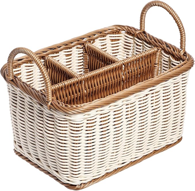 Silverware 4- compartment storage basket woven rattan- desktop basket rectangular organiser box shelves& desks decorative basket for sundries stationery cosmetics Utensil
