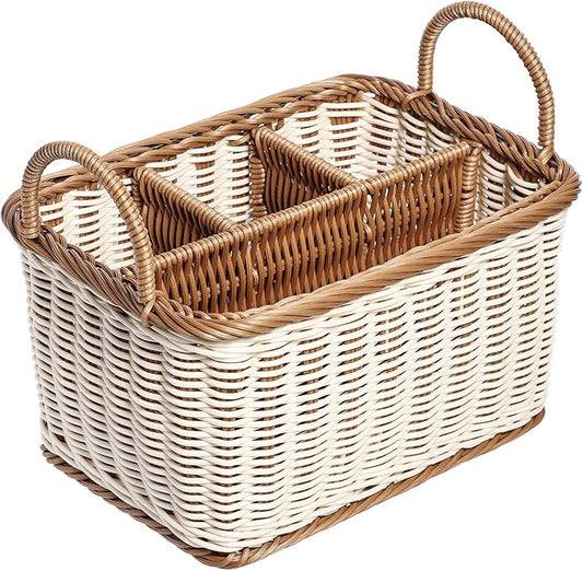 Silverware 4- compartment storage basket woven rattan- desktop basket rectangular organiser box shelves& desks decorative basket for sundries stationery cosmetics Utensil