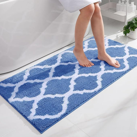 OLANLY Bathroom Rugs 47x24, Soft and Absorbent Microfiber Bath Rugs, Non-Slip Shaggy Shower Carpet, Machine Wash Dry, Bath Mats for Bathroom Floor, Tub and Shower, Blue