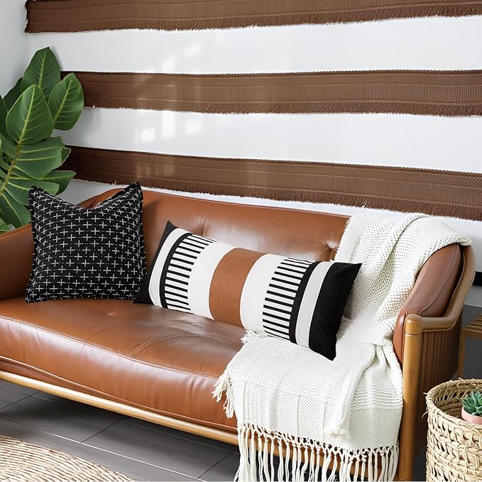 Long Body Lumbar Decorative Pillow Cover 14x36 Rectangle Boho Accent Cushion Case for Bed Couch Bench Faux Leather Pillowcase, Black (Cover ONLY, Pack of 1)
