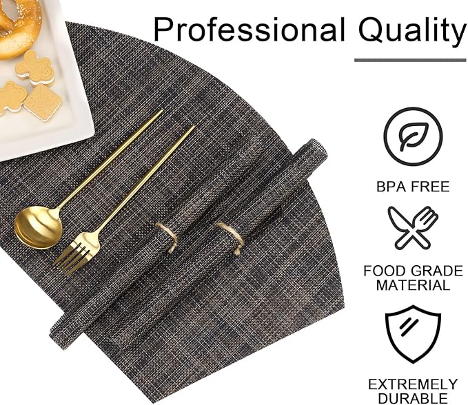SHACOS Small Wedge Placemats Set of 4 Woven Vinyl Round Table Placemats Wipe Clean Round Table Mats Indoor Outdoor, Black Brown
