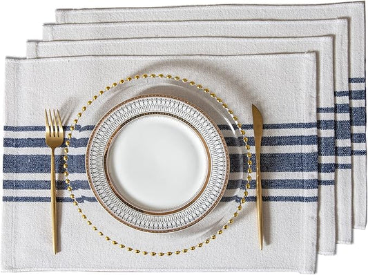 Placemats Set of 4 for Dining Table, Woven Cloth Place Mats for Kitchen Tabletop Décor, Handcrafted Machine Washable Cotton Table mats 13 x 19 Inch, Navy Blue and Beige