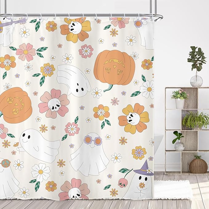 Halloween 70s Skull Pumpkin Shower Curtain 60Wx72L Inch Cute Retro Ghost 60s Hippie Groovy Holiday Flower Bathroom Set Accessories Decor Polyester Waterproof with 12 Pack Hooks