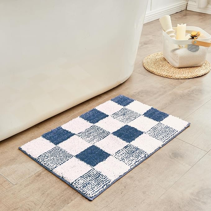 CozeCube Checkered Bath mats for Bathroom Non Slip, Fluffy Absorbent Microfiber Bath mat Washable, Aesthetic Bathroom Rugs, Cute Bath mat for Shower Sink, Dark Blue, 32" x 20"