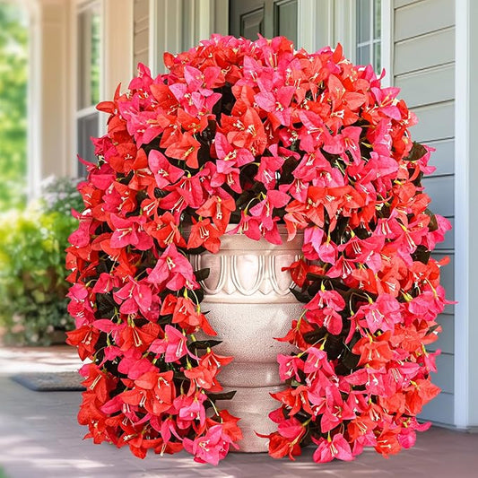 4 Pcs UV Resistant Artificial Flowers for Outdoors, Realistic Faux Silk Bougainvillea Flowers, Fake Hanging Plants for Porch Patio Balcony Decoration (Rose red & Red)