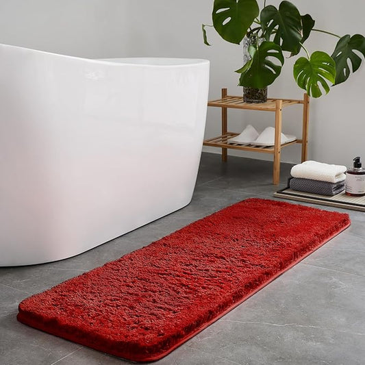 TECHMILLY Super Soft Shaggy Bathroom Runner Rugs, Absorbent Thick Non Slip Microfiber Bath Rugs, Quick Dry Machine Washable Bath Mat for Bathroom Floor, Bathtub and Shower 17"x47" Red