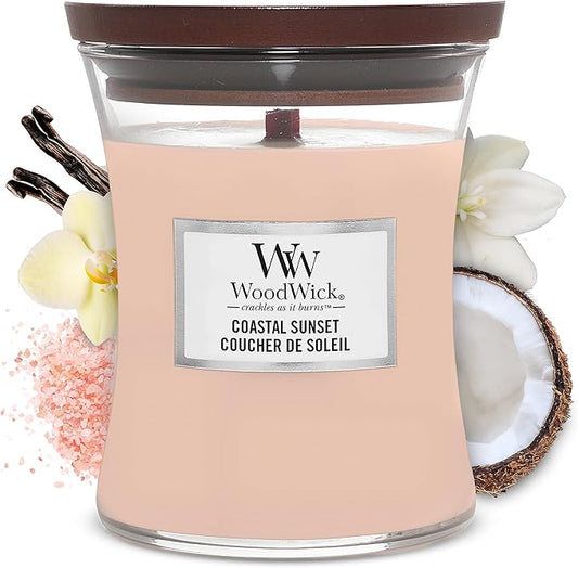 WoodWick Medium Hourglass Candle, Coastal Sunset Scent, Crackles as it burns, Premium Soy Blend Wax, 9.7oz, Perfect for gifting