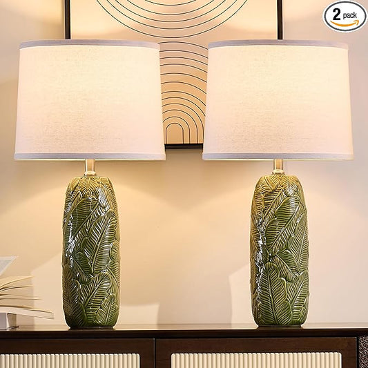 25" Ceramic Table Lamp Green Nightstand Pottery Lamp Set of 2 with White Shade Modern Bedside Desk Lamps with Leaf Pattern for Living Room Bedroom