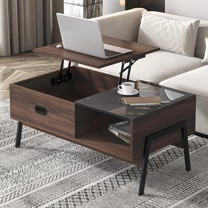 soges Coffee Table, Brown Lift Top Coffee Table with Storage, Coffee Table with Lift Top, Rustic Wood Raisable Top Central Table for Living Room