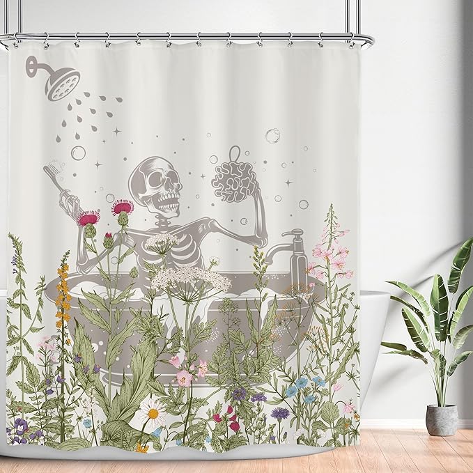 LGhtyro Funny Skull Halloween Wildflower Shower Curtain Bathroom Set 60Wx71H Inches Gothic Skeleton Floral Rustic Leaves in Bathtub Bath Accessories Spooky Cool Art Home Decor Fabric 12 Pack Hooks