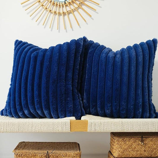JOJUSIS Pack of 2 Faux Fur Plush Decorative Throw Pillow Covers Couch Cushion Case Soft Pillowcases (Navy Blue, 22 x 22-Inch)