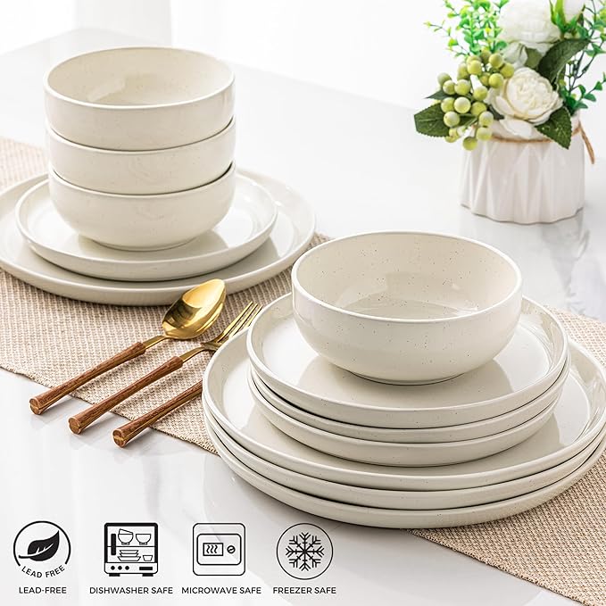 GBHOME Ceramic Dinnerware Set for 4, 12pcs Stoneware Plates and Bowls Sets, Handmade Chip and Scratch Resistant Dishes Set, Dishwasher & Microwave Safe