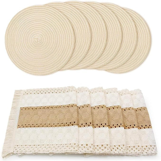 FEXIA Boho Placemats Set of 6, Macrame Table Decor and Farmhouse Style Placemats Natural Cotton Burlap, for Kitchen and Dining Table Centerpiece Home Decorations