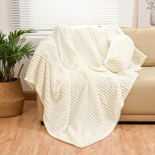 Bnuitland Ivory Flannel Throw with Storage Pouch,300GSM Super Soft Fleece Stripe Pattern Sofa Blanket for Adults and Kids, Lightweight Cozy Bed Throw for Home Decor All Season