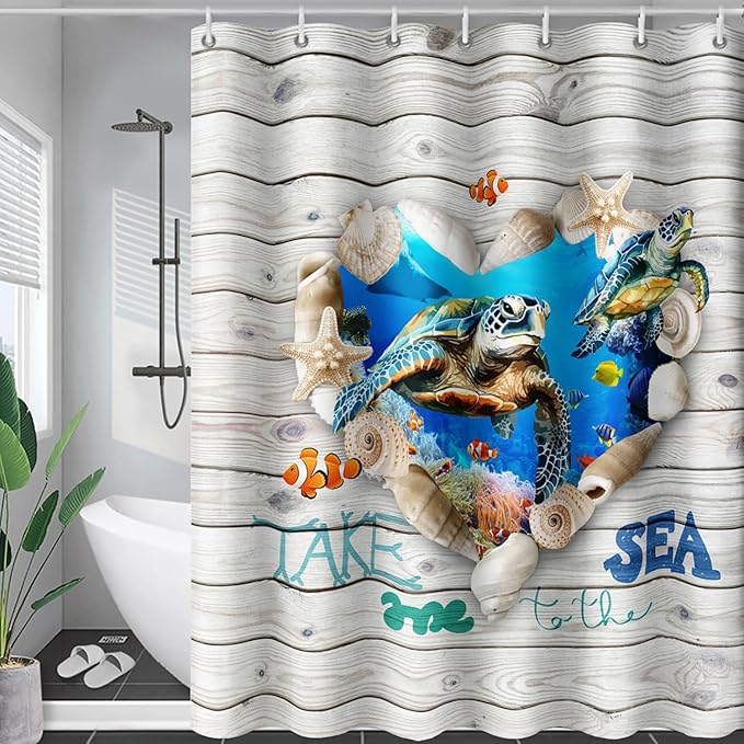 AILONEN 3D Printed Sea Turtle Shower Curtain, Ocean Coast Wooden Style Bathroom Curtain,Shell Turtle Bath Curtain 36" W*72" H Polyester Waterproof Bathroom Curtain with 12 Hooks