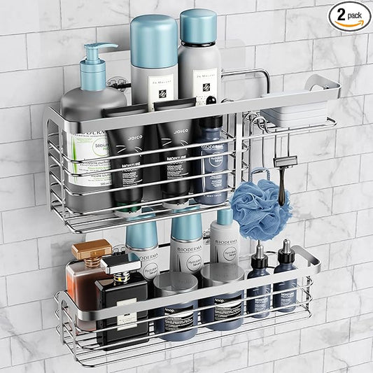 Adhesive Shower Caddy 2 Pack Shower Organizer Shelf, No Drilling Stainless Steel Bathroom Storage Rack for Inside Shower Shampoo Conditioner Holder,Silver (Shower Caddy Sliver)