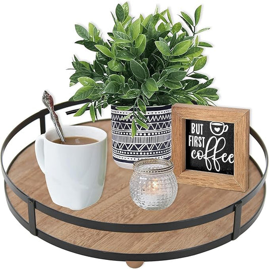 Defined Deco 12in Decorative Tray-Round Serving Tray with Metal Handle-Decorative Trays for Home Decor,Living Room Decor,Coffee Table Decor,Rustic Wooden Tray for Kitchen Table Decor,Dining Table.