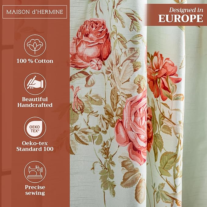 Maison d' Hermine Curtains for Living Room 100% Cotton 124 inch Length Two Panels Light Filtering Curtains for Bedroom Windows with Rod and Loop Pockets Drapes (Villette Aqua, 50" W x 124" L)