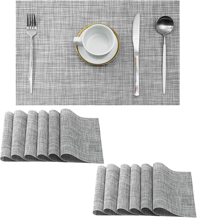 Leetaltree Linen Grey Placemats Set of 12 - Heat Resistant Non-Slip Place mats for Dining Table, Washable Durable PVC Vinyl Woven Table Mats（Linen Grey, 12）