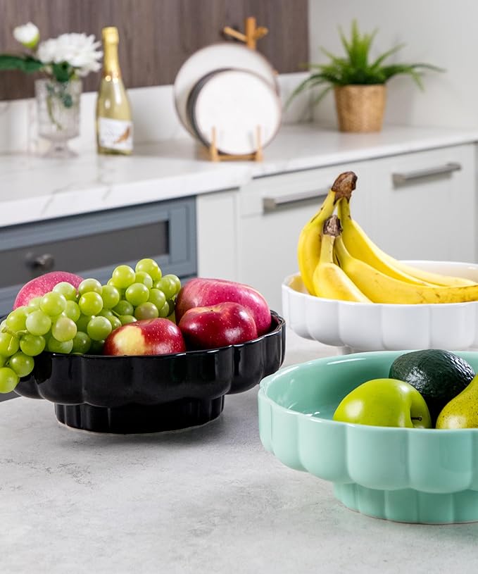 Nucookery Ceramic Petal Fruit Bowl for Kitchen Counter, 11 Inch Modern Decorative Bowl, Elegant Fruit & Vegetable Storage Container, Large Bread Basket, Black