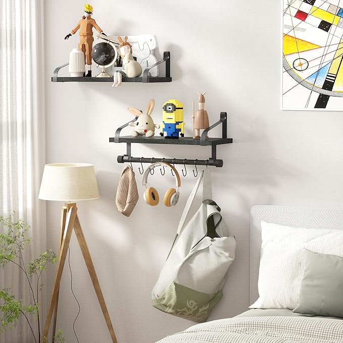 Love-KANKEI Floating Shelves for Coffee Bar,Bathroom Shelves with Towel Bar, Wall Shelves with 8 Hooks for Kitchen, Storage Shelf Set of 2 for Bedroom,Living Room，17.3 Inch Black