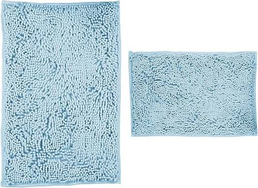 Bathroom Rugs 2 Pieces Chenille Bath Rug Mat, Extra Thick and Soft Absorbent Bath Rugs, Machine Washable, Non-Slip Plush Bath Mats for Tub, Shower, Room, (Light Blue, 32"x20"+24"x16")
