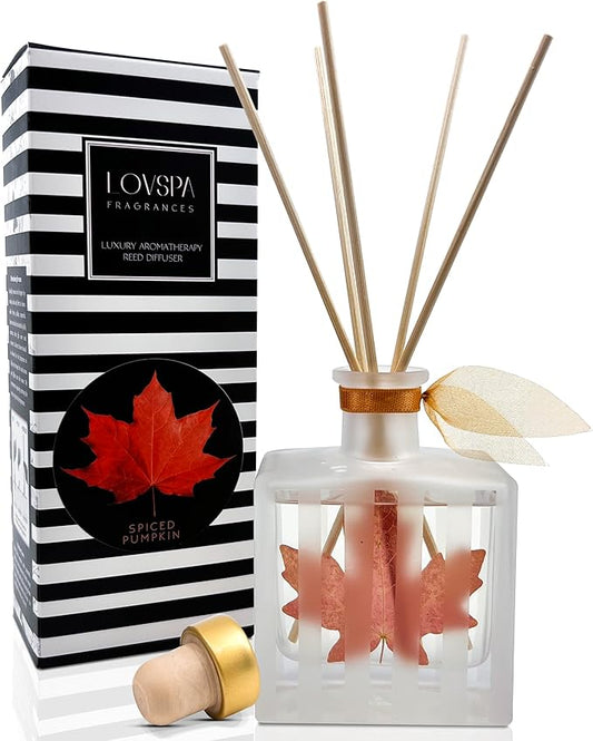 LOVSPA Spiced Pumpkin Essential Oil Reed Diffuser Gift Set | Fresh Pumpkin, Aromatic Cinnamon, Nutmeg, Warm Clove, Creamy Vanilla and Ginger | Modern Striped Glass Bottle | Made in The USA