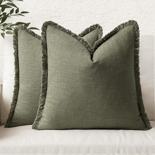 MIULEE Decorative Throw Pillow Covers Neutral Linen Fringe Throw Pillows Set of 2 Olive Green Boho Farmhouse Cushion Covers with Tassels for Couch Sofa Bed Living Room Spring Home Decor 16x16 Inch