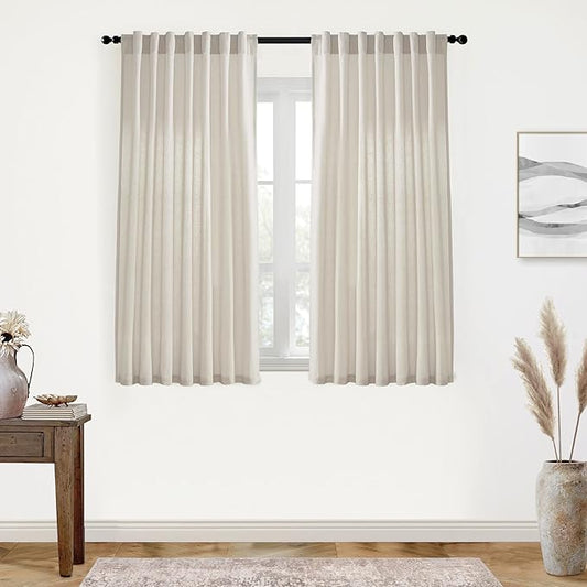 XTMYI Back Tab/Hook Belt Linen Cotton Sheer Curtains for Bedroom 2 Panels,45 Inch Length,Oatmeal Beige