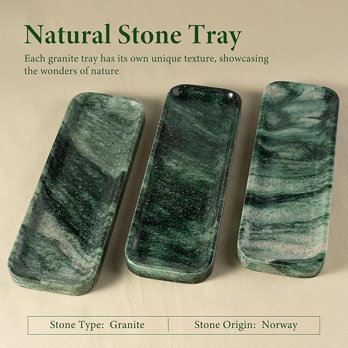 Koville Marble Tray for Bathroom Sink, 12"x4" Natural Stone Vanity Tray for Kitchen Dresser Countertop, Rectangular Decorative Marble Trays for Jewelry Perfume Trinket(Green)