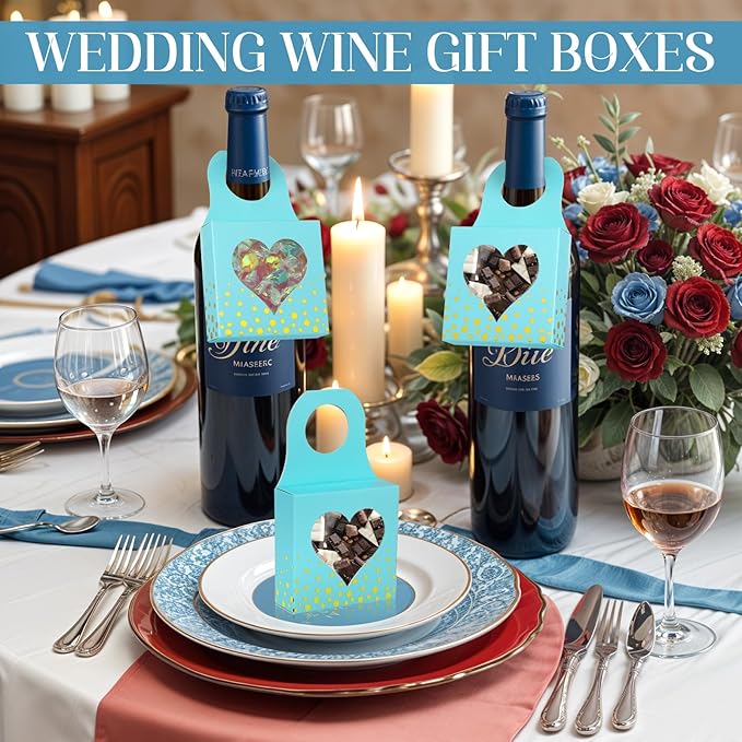 Megitzuu 50 Pieces Wine Bottle Box with Window, Blue Wine Boxes for Gifts Hanging Foldable Wine Gift Boxes Kraft Paper Wine Bottle Hanger Favor Box for Holding Candy Truffles Chocolate Cookies
