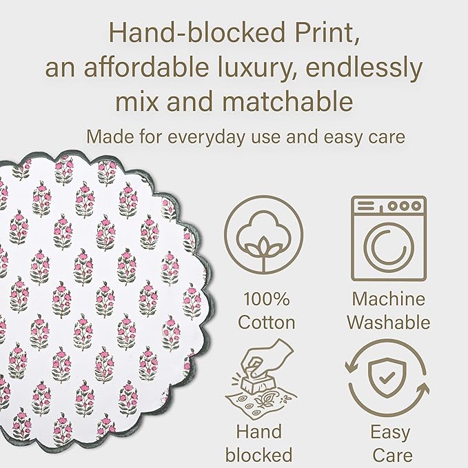Ridhi Bo-ho Round Place Mat Double Layer Floral Cotton Washable Placemats 15" Round Embroidery Block Print Table Mat (Pack of 4-15 Inch Round, Pink and Green)