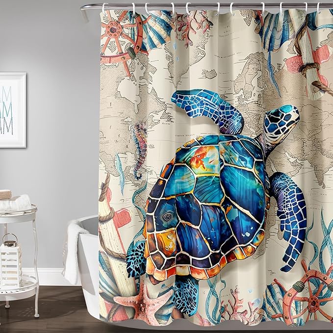 AILONEN Sea Turtle Shower Curtain, Retro World Map Voyage Coast Ocean Bath Curtain,Sea Turtle Bathroom Curtain Decor,Boys Adults Polyester Waterproof 72" W*78" H Shower Curtain (12 Hooks)
