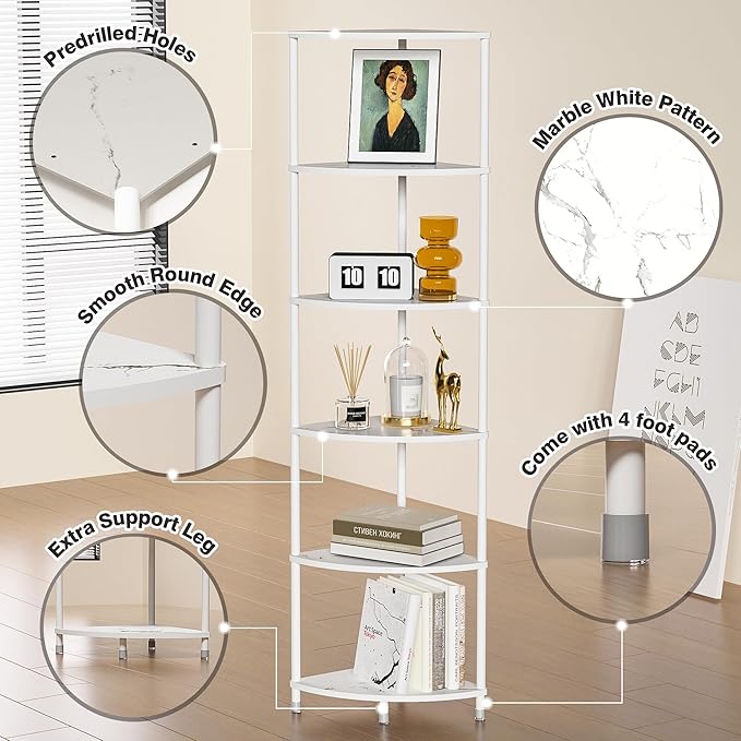 6 Tier Corner Shelf Stand, 54.4" Kitchen Shelf Organizer with Metal Frame, Small Corner Shelf for Organization & Storage, Marble White Corner Shelf for Kitchen Decor Accessories