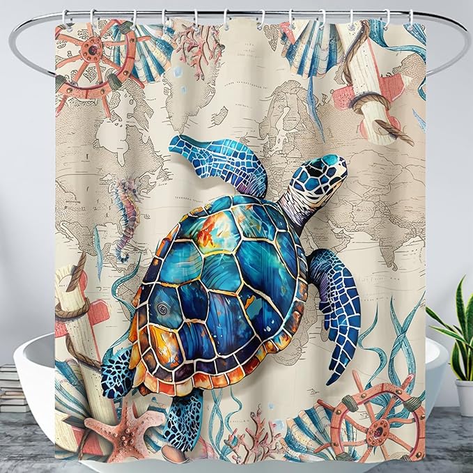 AILONEN Sea Turtle Shower Curtain, Retro World Map Voyage Coast Ocean Bath Curtain,Sea Turtle Bathroom Curtain Decor,Boys Adults Polyester Waterproof 48" W*72" H Shower Curtain (12 Hooks)