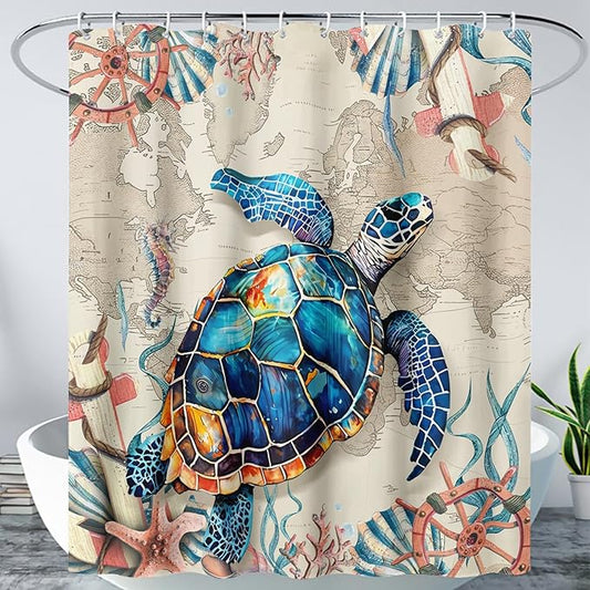 AILONEN Sea Turtle Shower Curtain, Retro World Map Voyage Coast Ocean Bath Curtain,Sea Turtle Bathroom Curtain Decor,Boys Adults Polyester Waterproof 48" W*72" H Shower Curtain (12 Hooks)