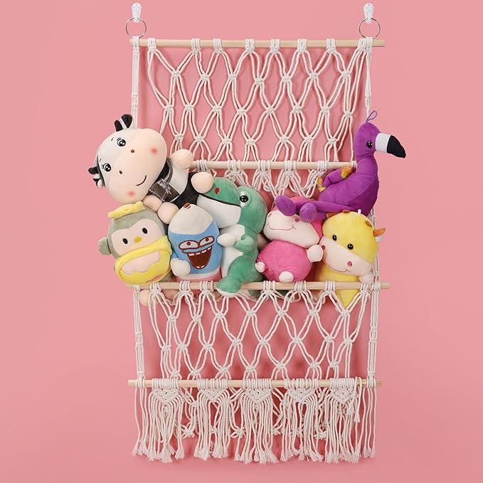 3 Tiers Plush Toy Organizer Hammock with Tassels, Stuffed Animals Net for Kid's, Nursery Boho Net Bag Storage Rack Bookshelf Hammocks Home Decor, 3 Layers, Beige