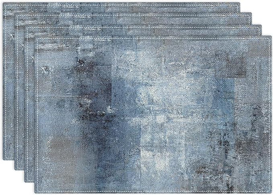 Emvency Farmhouse Placemats Set of 4, 12x18 Inch Modern Abstract Art Painting Denim Blue Table Mats for Outdoor Home Party Kitchen Dining Decoration