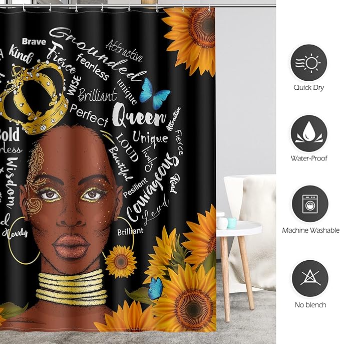 Aimego African American Shower Curtains Black Girl Woman with Sunflower Butterflies Farmhouse Shower Curtain Set with 12 Hooks for Bathroom Decor Accessories Bathtub Curtain, 72"x72"
