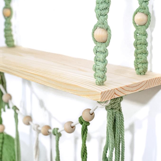 Macrame Wall Hanging 2-Tier Shelf, Boho Floating Wooden Shelves with Green Woven Rope and Leaf Decor,Plant Display for Bedroom, Dorm, Nursery, Living Room, and Bathroom Wall Decor