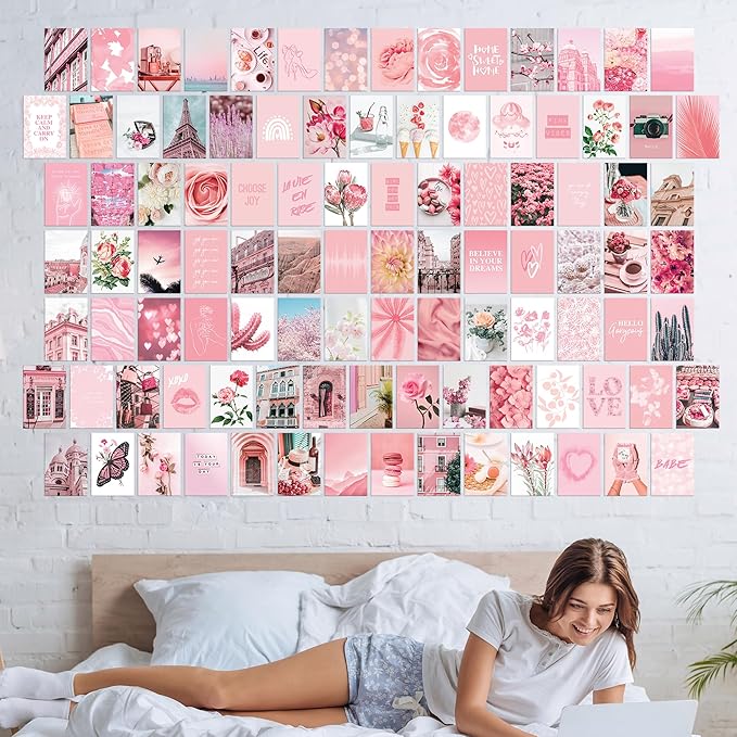 Artivo Pink Aesthetic Wall Collage Kit,100 Set 4x6 inch,Room Decor for Teen Girls,Pretty Blush Pink Wall Art Print,Dorm Photo Collection,Small Posters for Room Aesthetic