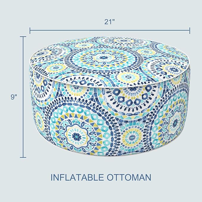 LVTXIII Inflatable Stool Ottoman Footrest with Handle, All Weather Foot Rest, Indoor or Outdoor Use for Home Patio Garden and Camping, D21 x H9, Delancey Lagoon