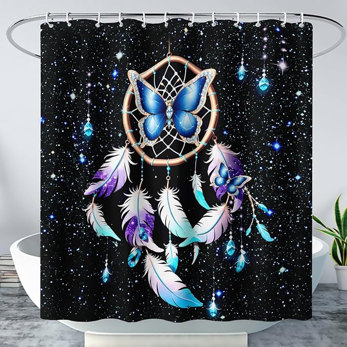 AILONEN Butterfly Dreamcatcher Shower Curtain, Blue Starry Galaxy Butterfly Bath Curtain,Dream Catcher Feather Print Waterproof Bathroom Curtain with 12 Plastic Hooks for Girls Women 36" W*72" H