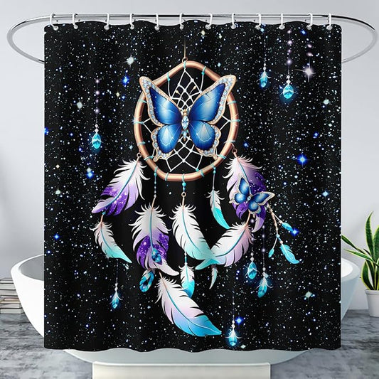 AILONEN Butterfly Dreamcatcher Shower Curtain, Blue Starry Galaxy Butterfly Bath Curtain,Dream Catcher Feather Print Waterproof Bathroom Curtain with 12 Plastic Hooks for Girls Women 36" W*72" H