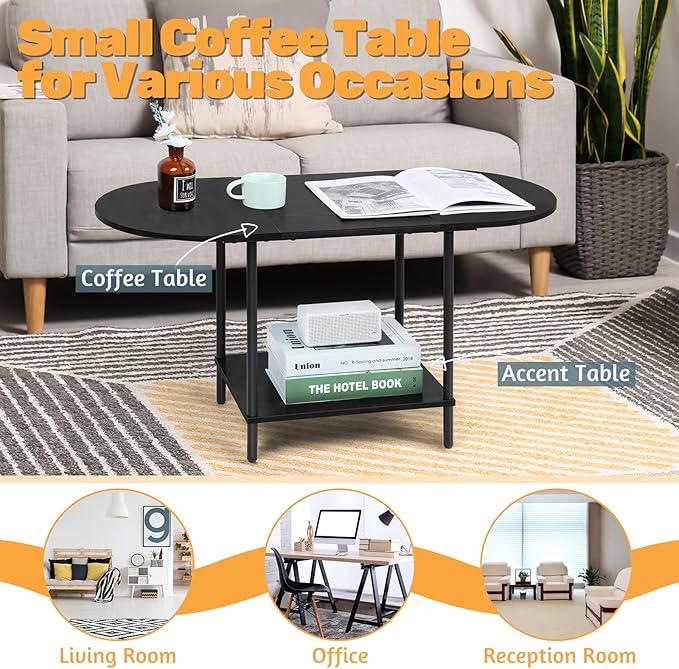 Coffee Tables for Living Room,2-Tier Small Coffee Table Industrial Modern Black Coffee Table with Storage Shelf and Wood Tabletop for Small Space,Home Office
