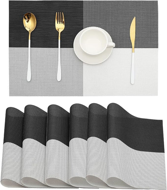 HeloHo Placemats Set of 6 Black and White Placemats Heat-Resistant Washable Vinyl Woven Table Mats Wipeable Placemat for Kitchen Dining Table Decoration Indoor Outdoor