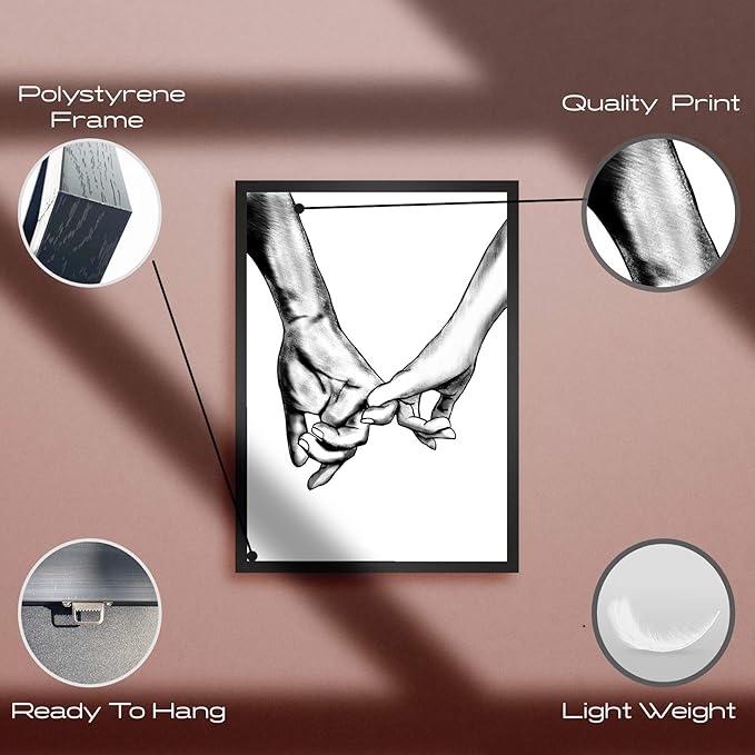 Hands Forever Framed Canvas Wall Art For Bedroom Ready To Hang 12"x16" x3 Panels, Black Frame Prints for Couples Love Drawing Artwork Wall Pictures for Bedroom Decor, House Decorations Living Room