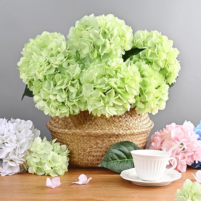 BLEUM CADE 8 Pcs Green Hydrangea Artificial Flowers with Stems, 18In Large Fake Green Flowers, Faux Hydrangea Flower for Home Decor Spring Wedding Table Centerpieces Decoration