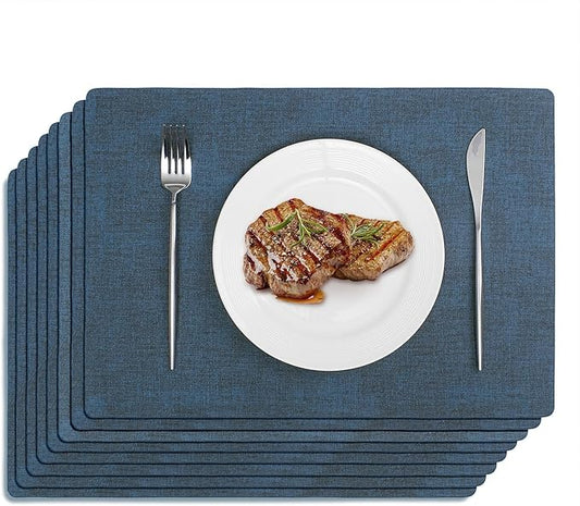 Softalker Faux Leather Placemats Set of 8-Vinyl Heat Resistant Place Mats, 100% Waterproof Oilproof Wipe Clean Table Mats for Indoor & Outdoor Use, 17’’×12’’, Navy Blue