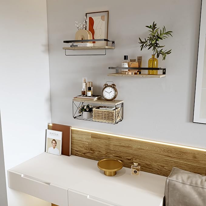 Bathroom Shelves with Wire Storage Basket, Floating Shelves Over Toilet with Protective Metal Guardrail, Wall Shelves for Bedroom, Living Room, Kitchen and Bathroom Toilet Paper